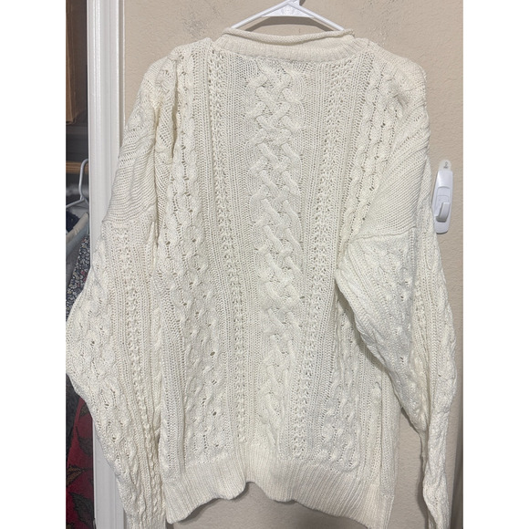 VINTAGE Fisherman Sweater Structure Roll neck Ivory mens L 90s cable knit cotton - Picture 6 of 8